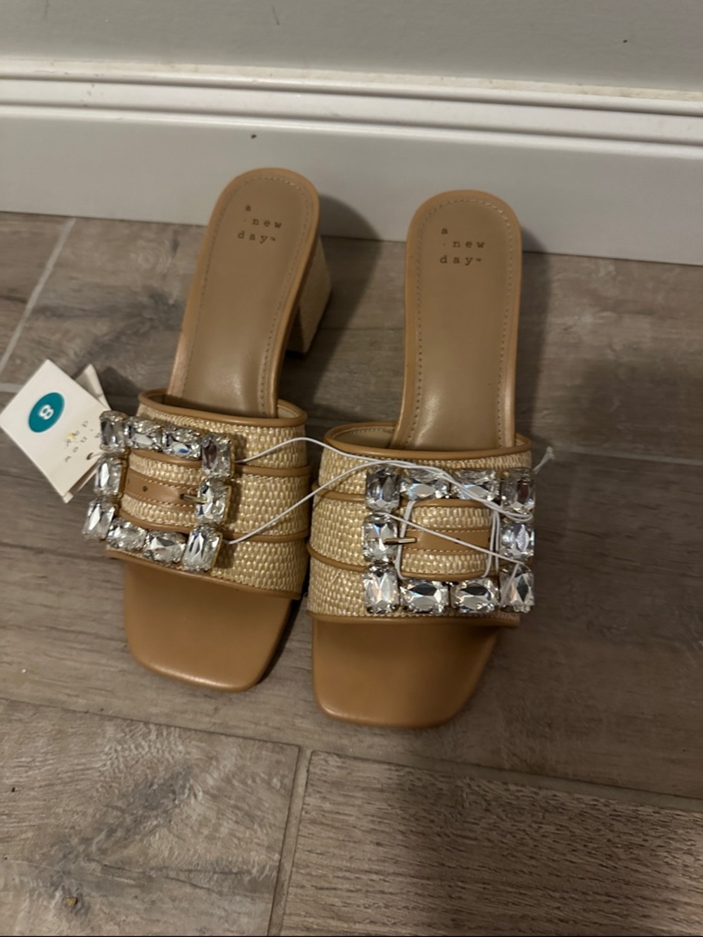 a new day Tan Jeweled Woven Block Heel Mules
